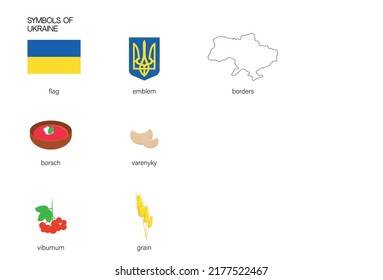 7 symbols of Ukraine, including emblem, dishes of traditional cuisine and symbolic plants