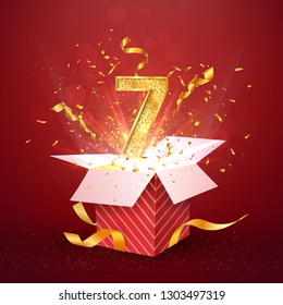 7 th year number anniversary and open gift box with explosions confetti isolated design element. Template seven seventh birthday celebration on red background vector Illustration.