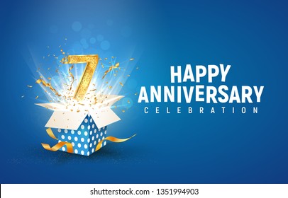 7 th years anniversary banner with open burst gift box. Template seventh birthday celebration and abstract text on blue background vector illustration