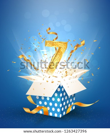 7 th years anniversary and open gift box with explosions confetti. Template seven birthday celebration on blue background vector Illustration