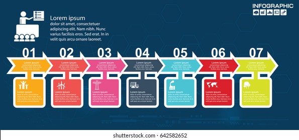 7 Timeline Infographics Template With Arrows, Flowchart, Workflow Or Process Infographics, Vector Eps10 Illustration