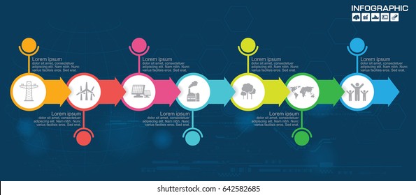 7 Timeline infographics template with arrows, flowchart, workflow or process infographics, vector eps10 illustration