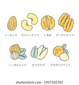 7 types of nuts illustration translation: cashew, walnuts, pecan, macadamia nut, pistachio, hazelnut, almond