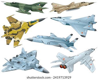 7 types of USSR and Russia modern jet engine fighter image vector Illustration set.