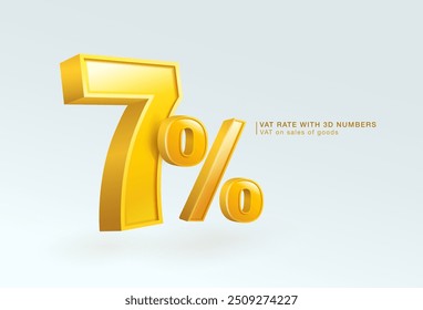 The 7% VAT rate with 3D numbers indicates the application of VAT burden arising from the sale of goods, provision of services and import transactions. Vector illustration file.