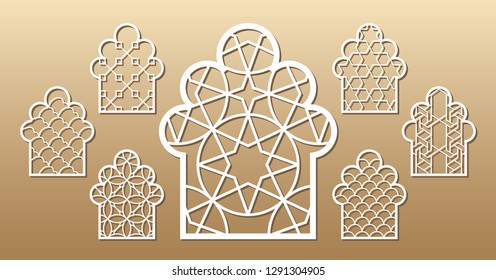 7 vector archs. Cutout silhouette with arabic pattern. Template is suitable for creating home or wall decor (wood and metal decorations), laser cutting (engraving) stencil, printing invitations.