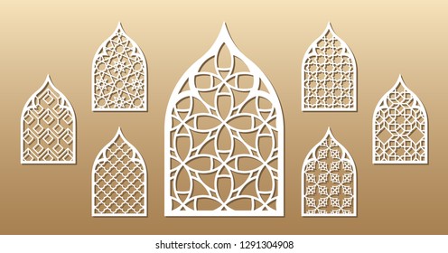 7 vector archs. Cutout silhouette with arabic pattern. Template is suitable for creating home or wall decor (wood and metal decorations), laser cutting (engraving) stencil, printing invitations.