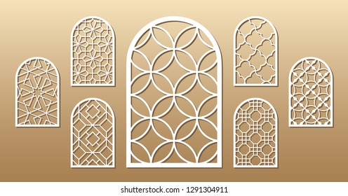 7 vector archs. Cutout silhouette with arabic pattern. Template is suitable for creating home or wall decor (wood and metal decorations), laser cutting (engraving) stencil, printing invitations.