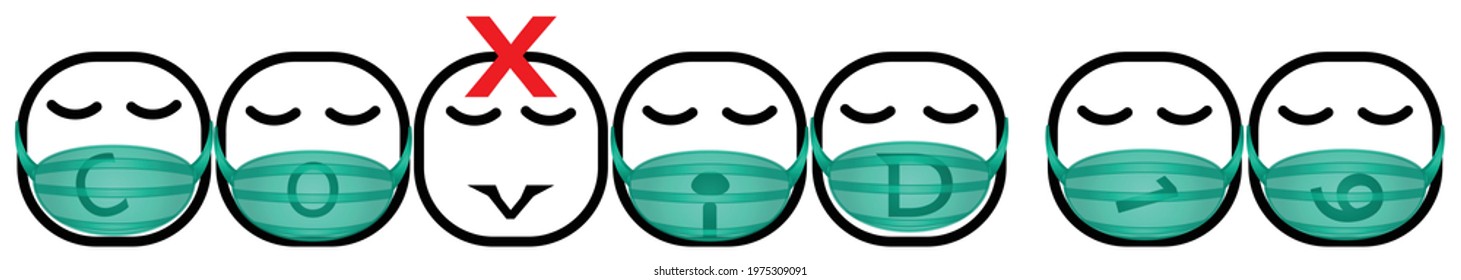 7 Vector illustration of alphabetical cartoons faces that each have different shape of mouth. The shape of mouth like a letters : C, O, V, I, D. and Numbers : 1, 9. Seven faces wearing medical mask.