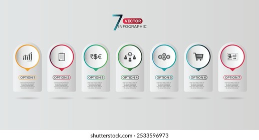 Diseño de Plantilla infográfica de 7 Ilustraciones vectoriales con iconos y 7 opciones. Se utiliza para el proceso, presentaciones, diseño, Anuncio, gráfico de información.