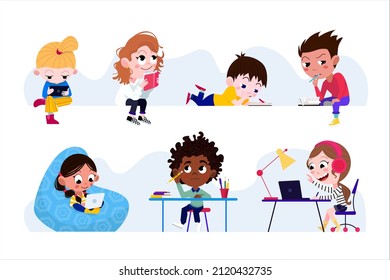  7 vector studying, reading, using gadgets children characters in flat cartoon style