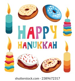 7 vibrant candles, delectable donuts, and a Happy Hanukkah greeting create a festive vector scene, a sweet celebration of light and joy.