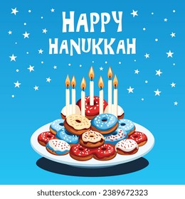 7 vibrant candles, delectable donuts, and a Happy Hanukkah greeting create a festive vector scene, a sweet celebration of light and joy.