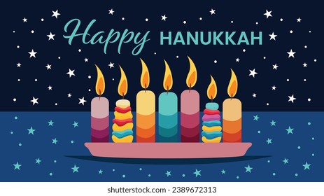 7 vibrant candles illuminate a festive Hanukkah scene. A joyous Happy Hanukkah greeting adds warmth to this colorful vector illustration.