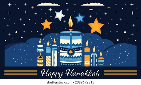 7 vibrant candles illuminate a festive Hanukkah scene. A joyous Happy Hanukkah greeting adds warmth to this colorful vector illustration.