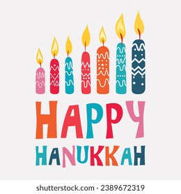 7 vibrant candles illuminate a festive Hanukkah scene. A joyous Happy Hanukkah greeting adds warmth to this colorful vector illustration.