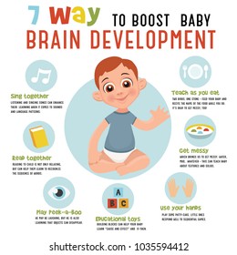 7 way to boost baby brain development.  Vector illustration. Detailed vector Infographic.