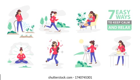 7 ways to keep calm and relax. Set of people gardening, cooking, dancing, reading, painting, meditating, running.  Daily activity or hobbie. Flat style vector illustration