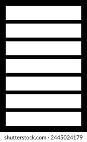 7 white frames, black background with empty space. Blank white board template and vertical banner. Isolated.