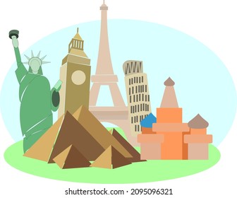 7 wonders of the world in clude pyramid jesus liberty pisa eiffel taj mahal big ben for world travel concept