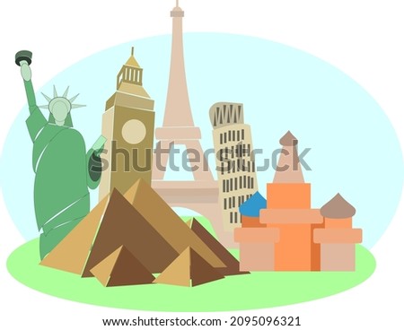 7 wonders of the world in clude pyramid jesus liberty pisa eiffel taj mahal big ben for world travel concept