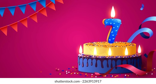 7 year anniversary. Cake with burning candles and confetti. Birthday banner. Vector illustration