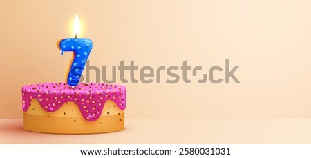 7 year anniversary. Cake with burning candles and confetti. Birthday banner. Vector illustration