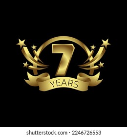 7 year anniversary celebration. Anniversary logo with golden bow and stars isolated on black background, vector design for celebration and campaigns emblem