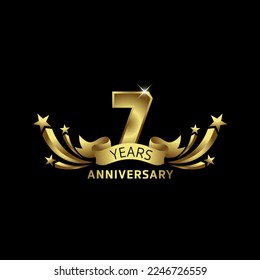 7 year anniversary celebration. Anniversary logo with golden stars isolated on black background, vector design for celebration and campaigns