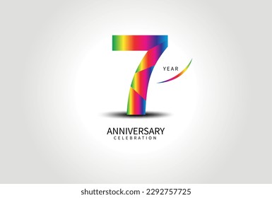7 Year Anniversary Celebration Logo colorful vector, 7 Number Design, 7th Birthday Logo, Logotype Number, Vector Anniversary For Celebration, Invitation Card, Greeting Card. logo number Anniversary