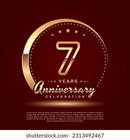 7 year anniversary celebration logo design with a number and golden ring concept, logo vector template