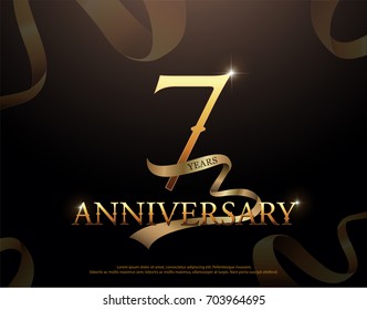 7 year anniversary celebration logotype template. 7th logo with ribbons on black 
