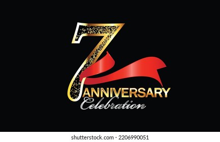 7 Year Anniversary celebration Vector Design with red ribbon and glitter 7th Anniversary celebration. Gold Luxury Banner of 7th Anniversary celebration. Seventh celebration. Vector anniversary