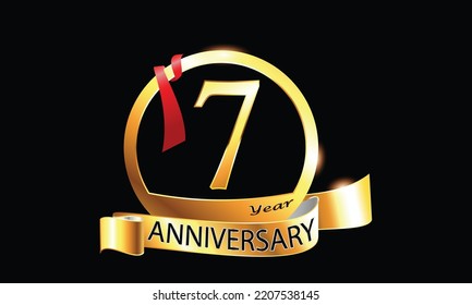 7 Year Anniversary celebration Vector Design with ring and red ribbon. 7th Anniversary celebration. Gold Luxury Banner of 7th Anniversary celebration. Seventh celebration. Vector anniversary