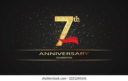 7 Year Anniversary celebration Vector Design with red ribbon and glitter. 7th Anniversary celebration. Gold Luxury Banner of 7th Anniversary. celebration card