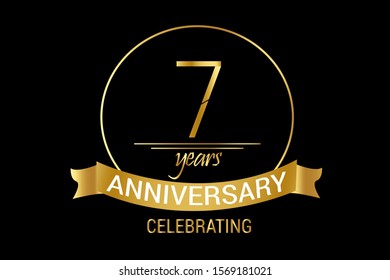 7 year anniversary jubilee, Ribbon greeting card. Birthday invitation. Gold space vector illustration on black background - Vector