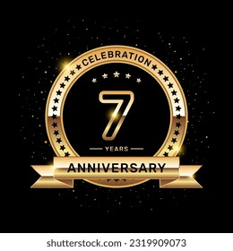 7 year anniversary logo with a number and golden ribbon, vector template