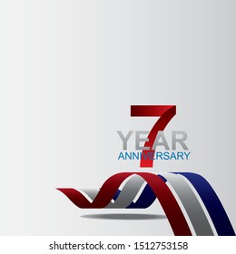 7 year anniversary logotype design with red color and ribbon isolated on white background for celebration event