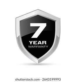 7 year warranty silver metal shield in black color vector illustration. Seven year warranty protection icon. Metallic security badge. Black glossy metal emblem.