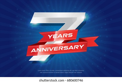 7 years anniversary background with red ribbon and star on blue background. celebrating logotype, poster or brochure template. Vector illustration