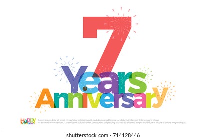 7 years anniversary celebration colorful logo with fireworks on white background. 7th anniversary logotype template design for banner, poster, card vector illustrator