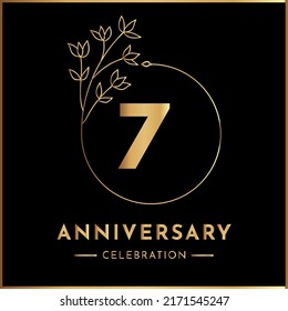 7 years anniversary celebration with golden floral frame isolated on black background. Creative design for happy birthday, wedding, ceremony, event party, marriage, and greeting card.