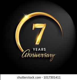 7 years anniversary celebration. Anniversary logo with ring and elegance golden color isolated on black background, vector design for celebration, invitation card, and greeting card