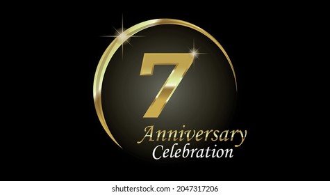 7 years anniversary celebration. Anniversary logo with ring in golden color isolated on black background with golden light, vector design for celebration, invitation card and greeting card
