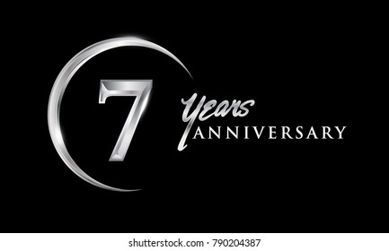 7 years anniversary celebration. Anniversary logo with silver ring elegant design isolated on black background, vector design for celebration, invitation card, and greeting card
