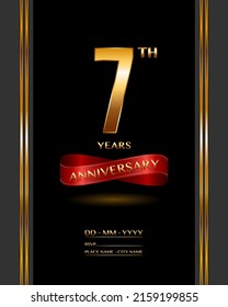 7 years anniversary celebration logotype with elegant gold color and ribbon for booklet, leaflet, magazine, brochure poster, banner, web, invitation or greeting card. Vector illustrations.