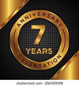 7 years anniversary, anniversary celebration vector design with gold color on black texture background, simple and luxury design. logo vector template