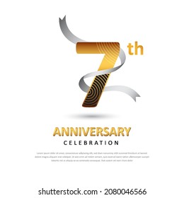 7 years anniversary creative logo template with ribbon. Poster template for Celebrating 7th event. Design for banner, magazine, brochure, web, invitation or greeting card. Vector illustration