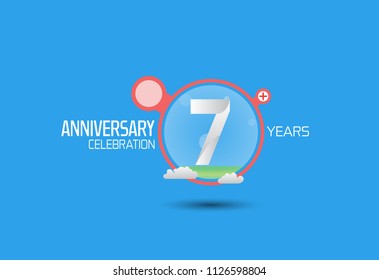 7 years anniversary design with pop art style red circle and cloud isolated on blue background