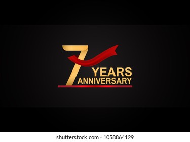 7 years anniversary design with red ribbon and golden color isolated on black background
